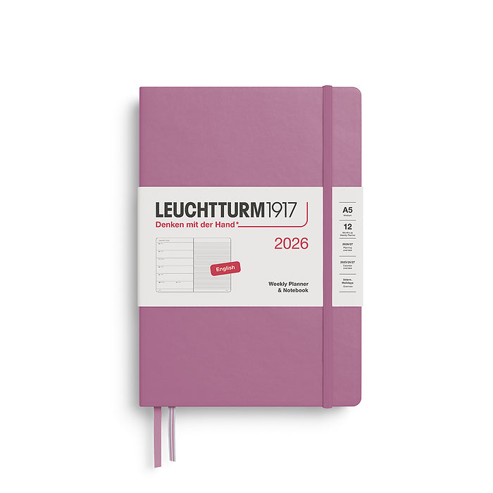 Leuchtturm1917 A5 Medium Hardcover Weekly Planner & Notebook 2026 in dusty rose, featuring a sleek, minimalist design with an elastic closure band.