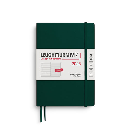 Leuchtturm1917 A5 Medium Hardcover Weekly Planner & Notebook 2026 in forest green, featuring a sleek, minimalist design with an elastic closure band.