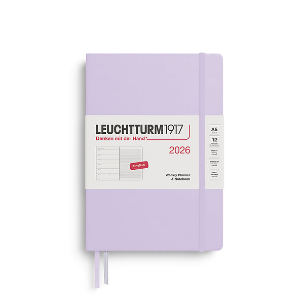 Leuchtturm1917 A5 Medium Hardcover Weekly Planner & Notebook 2026 in lilac, featuring a sleek, minimalist design with an elastic closure band.