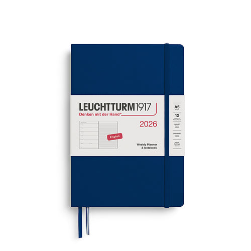 Leuchtturm1917 A5 Medium Hardcover Weekly Planner & Notebook 2026 in navy, featuring a sleek, minimalist design with an elastic closure band.