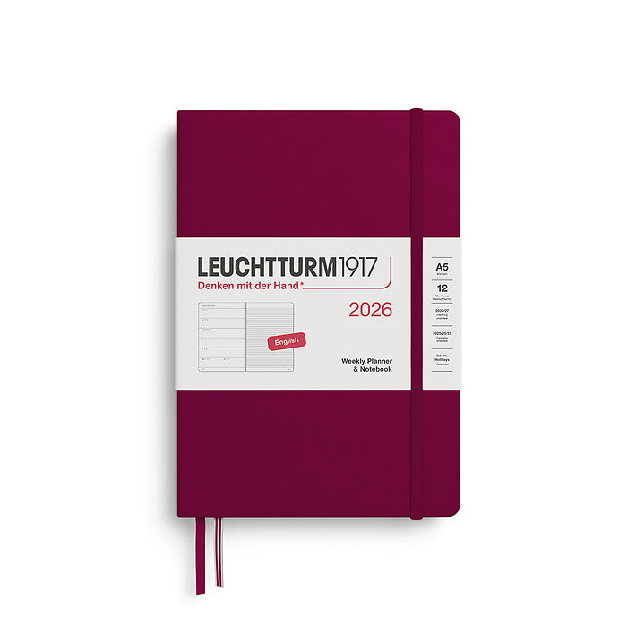 Leuchtturm1917 A5 Medium Hardcover Weekly Planner & Notebook 2026 in port red, featuring a sleek, minimalist design with an elastic closure band.
