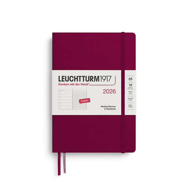Leuchtturm1917 A5 Medium Hardcover Weekly Planner & Notebook 2026 in port red, featuring a sleek, minimalist design with an elastic closure band.