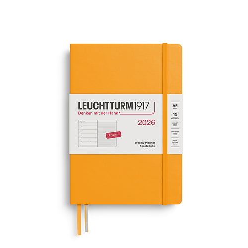 Leuchtturm1917 A5 Medium Hardcover Weekly Planner & Notebook 2026 in rising sun, featuring a sleek, minimalist design with an elastic closure band.