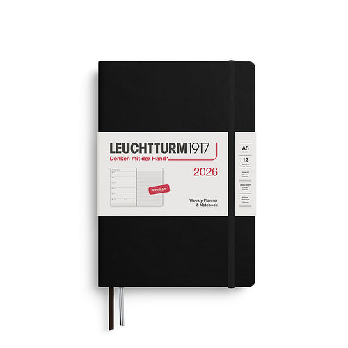 Leuchtturm1917 A5 Medium Hardcover Weekly Planner & Notebook 2026 in black, featuring a sleek, minimalist design with an elastic closure band.
