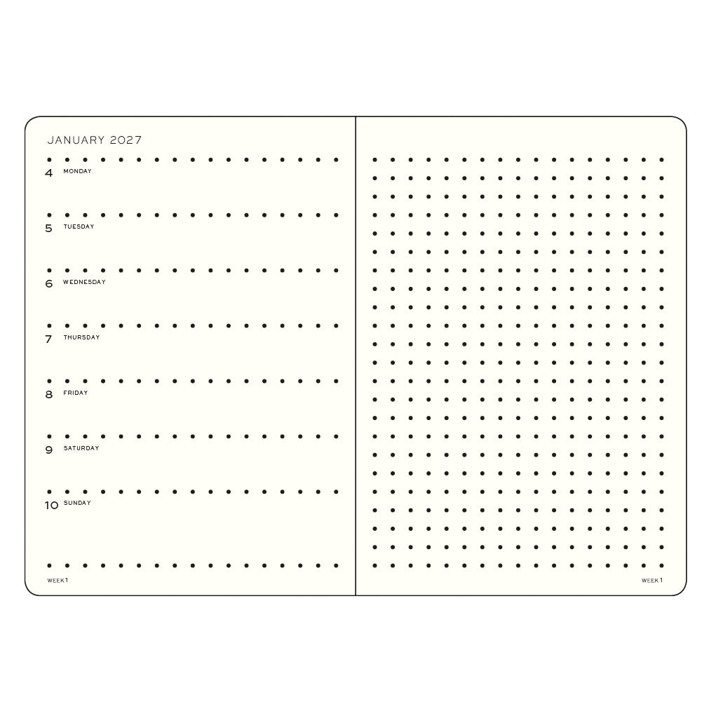 Leuchtturm1917 A5 Weekly Planner &amp; Notebook 2027 (dotted) – inside page showing January 2027 week and dotted notes