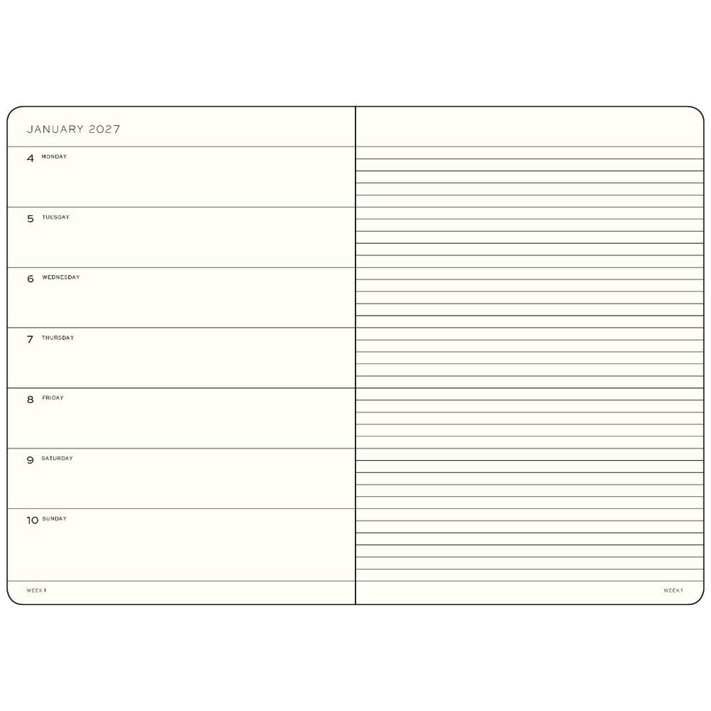 Leuchtturm1917 A5 Weekly Planner & Notebook 2027 (ruled) – inside page showing January 2027 calendar and lined notes