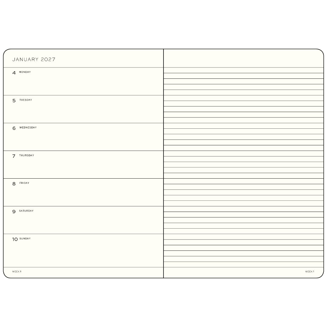 Leuchtturm1917 A5 Weekly Planner &amp; Notebook 2027 (ruled) – inside page showing January 2027 calendar and lined notes
