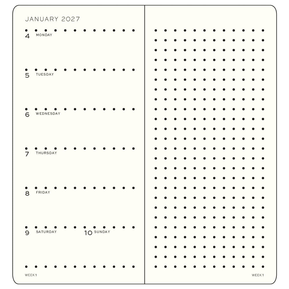 Leuchtturm1917 B6+ x A6 Wallet Weekly Planner & Notebook 2027 – inside weekly page with dotted notes