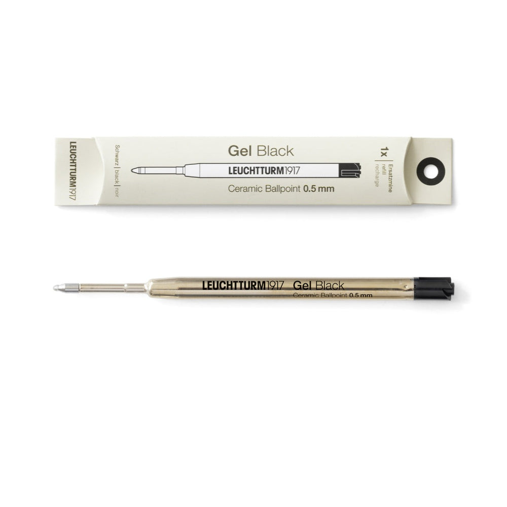 Leuchtturm1917 Drehgriffel Nr. 1 gel refill in black ink, 0.5 mm, shown with its retail packaging