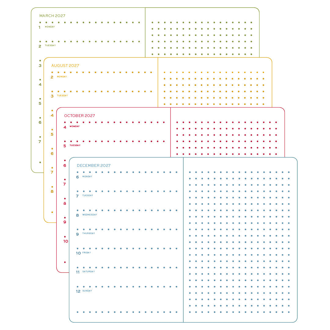 Leuchtturm1917 Colourful Seasons Edition 2027 – dotted calendar pages for March, October and December
