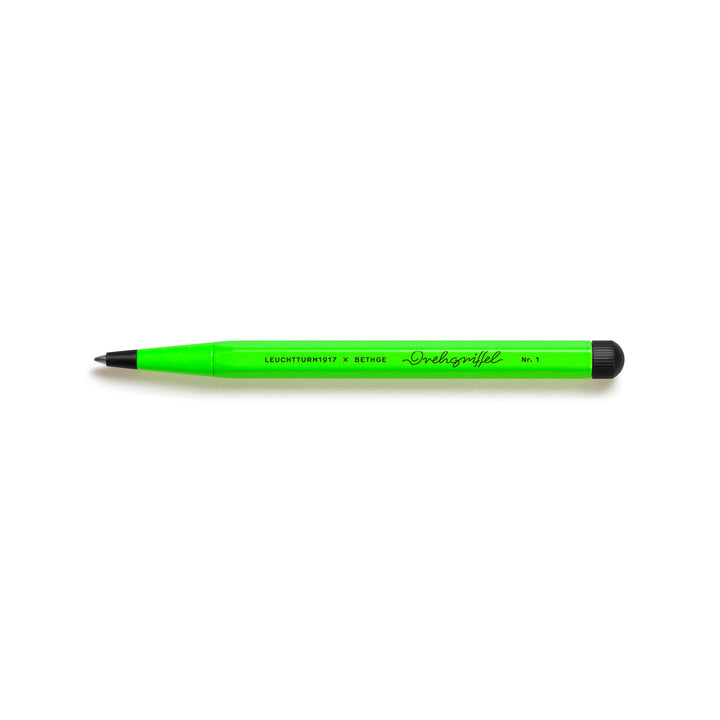 Leuchtturm1917 × Bethge Drehgriffel Nr. 1 Luminous Edition Ballpoint Pen in neon green with black accents.