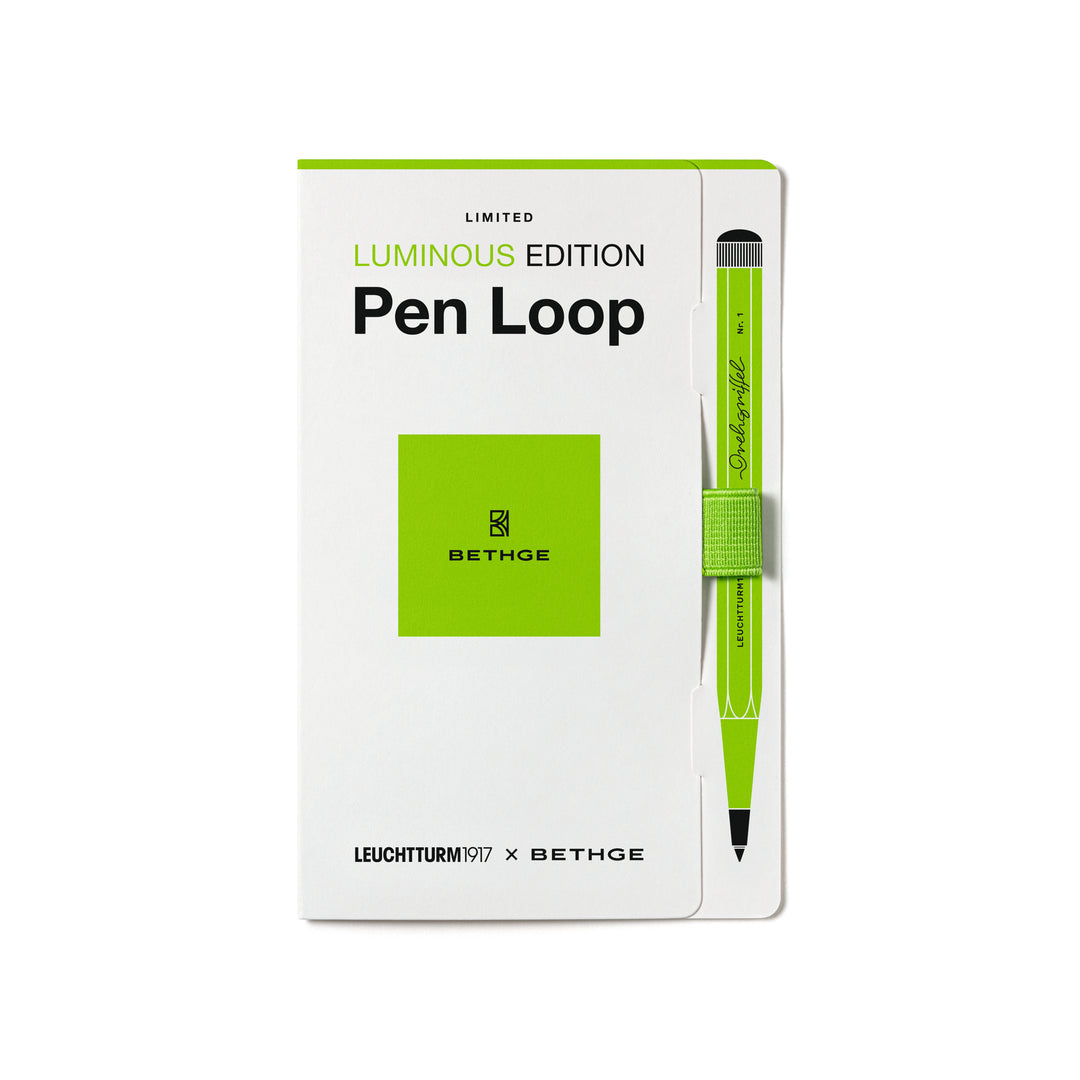 Leuchtturm1917 × Bethge Luminous Edition Pen Loop in neon green with elastic holder.