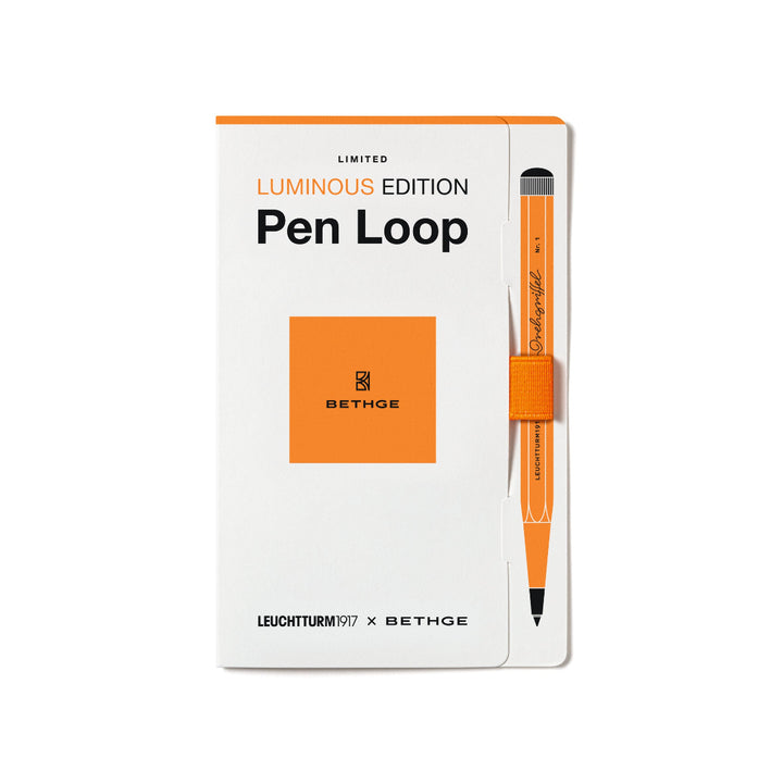 Leuchtturm1917 × Bethge Luminous Edition Pen Loop in neon orange with elastic holder.