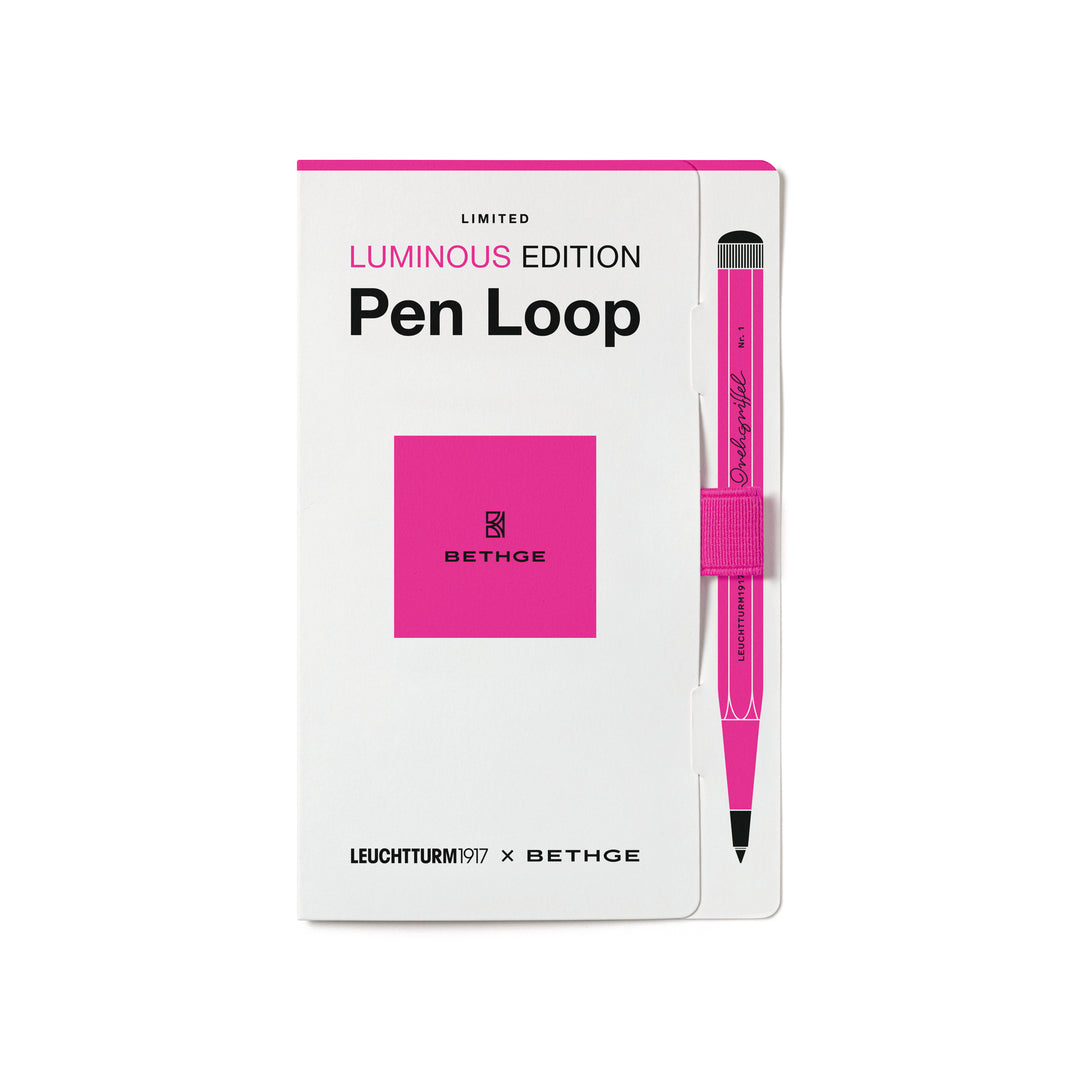 Leuchtturm1917 × Bethge Luminous Edition Pen Loop in neon pink with elastic holder.