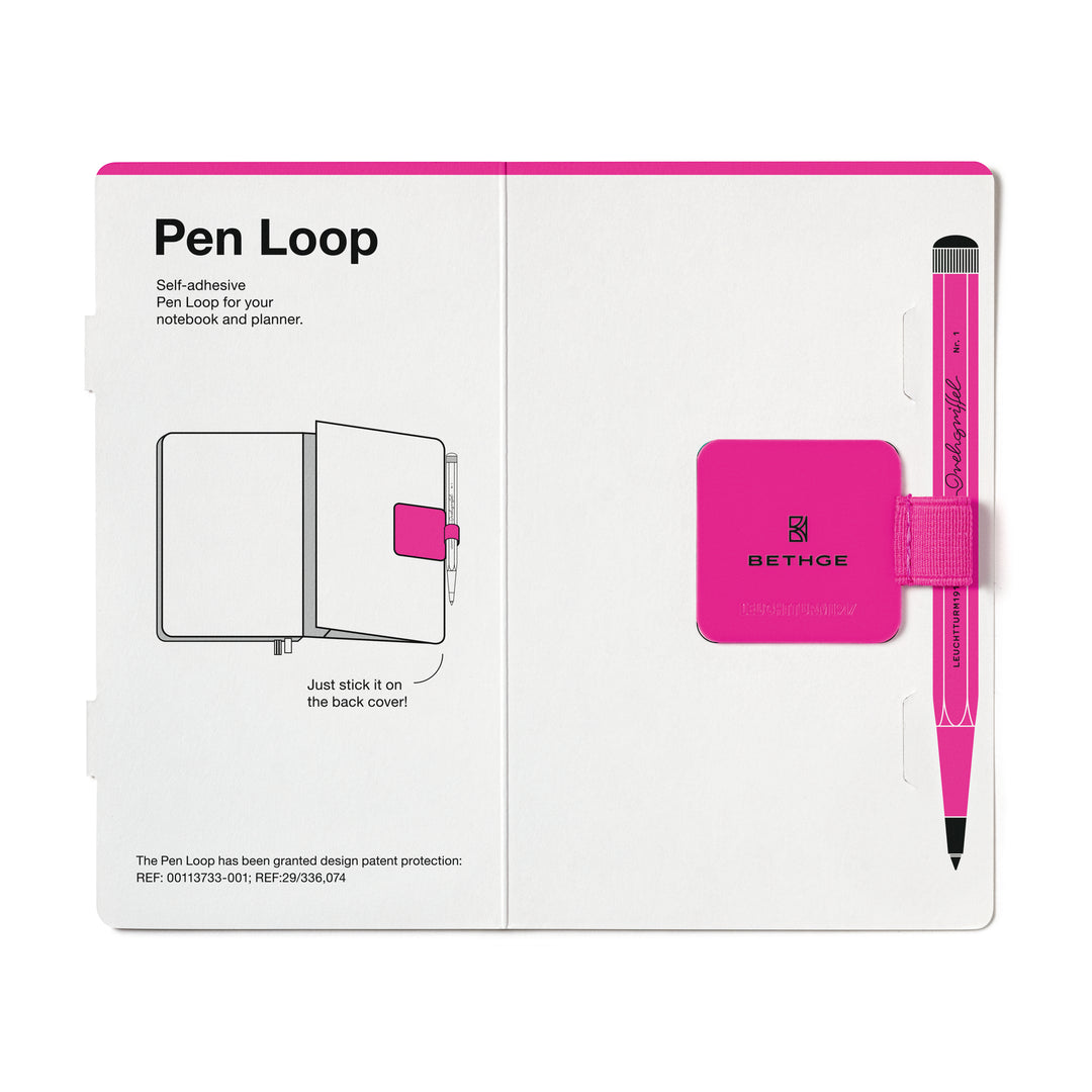 Leuchtturm1917 × Bethge Luminous Edition Pen Loop in neon pink with elastic holder.
