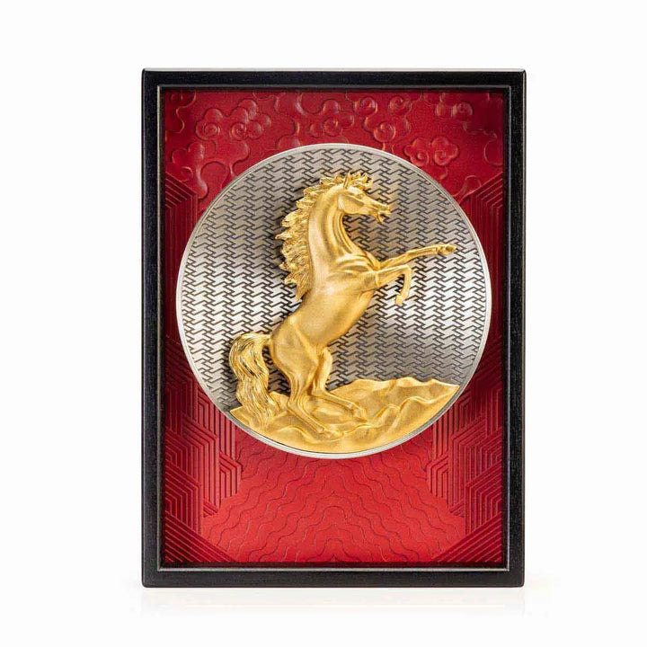 Royal Selangor [LIMITED EDITION] 2026 Year of the Horse Plaque, featuring a golden rearing horse framed by crimson waves, rocks, and clouds, set against a wan longevity pattern backdrop. The circular disc and square frame symbolize heaven and earth in harmony.