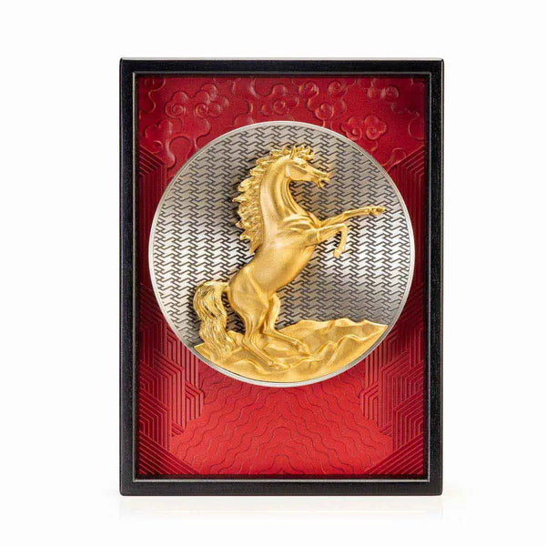 Load image into Gallery viewer, Royal Selangor [LIMITED EDITION] 2026 Year of the Horse Plaque, featuring a golden rearing horse framed by crimson waves, rocks, and clouds, set against a wan longevity pattern backdrop. The circular disc and square frame symbolize heaven and earth in harmony.
