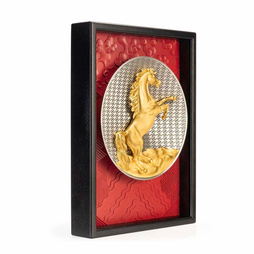 Royal Selangor [LIMITED EDITION] 2026 Year of the Horse Plaque, featuring a golden rearing horse framed by crimson waves, rocks, and clouds, set against a wan longevity pattern backdrop. The circular disc and square frame symbolize heaven and earth in harmony.
