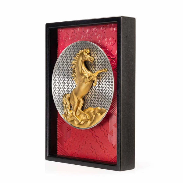 Load image into Gallery viewer, Royal Selangor [LIMITED EDITION] 2026 Year of the Horse Plaque, featuring a golden rearing horse framed by crimson waves, rocks, and clouds, set against a wan longevity pattern backdrop. The circular disc and square frame symbolize heaven and earth in harmony.
