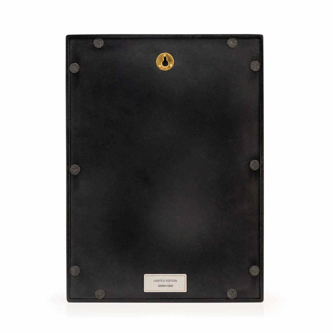 Royal Selangor [LIMITED EDITION] 2026 Year of the Horse Plaque, featuring a golden rearing horse framed by crimson waves, rocks, and clouds, set against a wan longevity pattern backdrop. The circular disc and square frame symbolize heaven and earth in harmony.