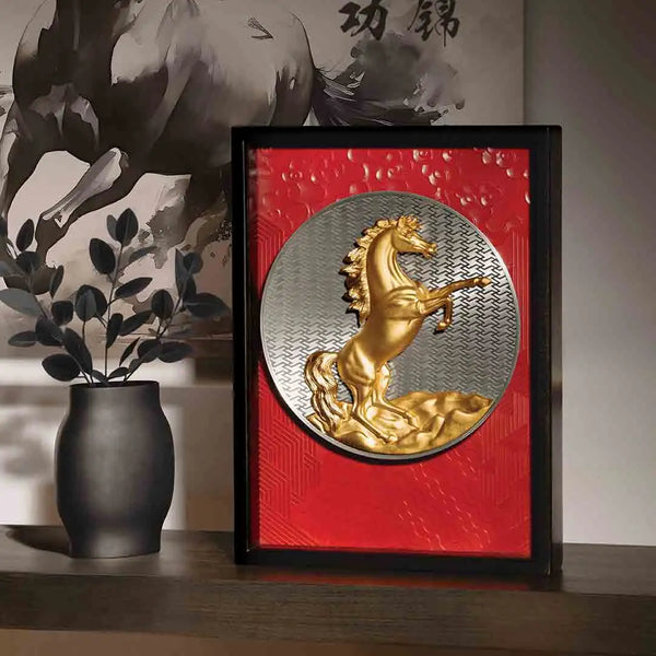 Load image into Gallery viewer, Royal Selangor [LIMITED EDITION] 2026 Year of the Horse Plaque, featuring a golden rearing horse framed by crimson waves, rocks, and clouds, set against a wan longevity pattern backdrop. The circular disc and square frame symbolize heaven and earth in harmony.
