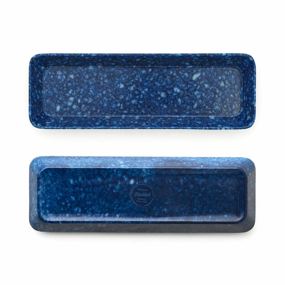 Marbled Melamine Pen Tray in Navy – blue marble-patterned melamine tray for pens and small accessories.