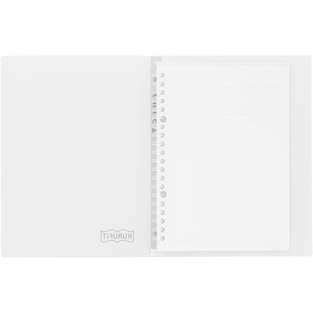 Maruman Kurufit A5 binder in clear, shown open with loose leaf paper inside