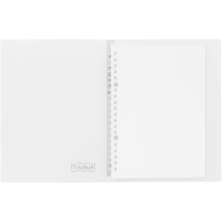 Maruman Kurufit A5 binder in clear, shown open with loose leaf paper inside