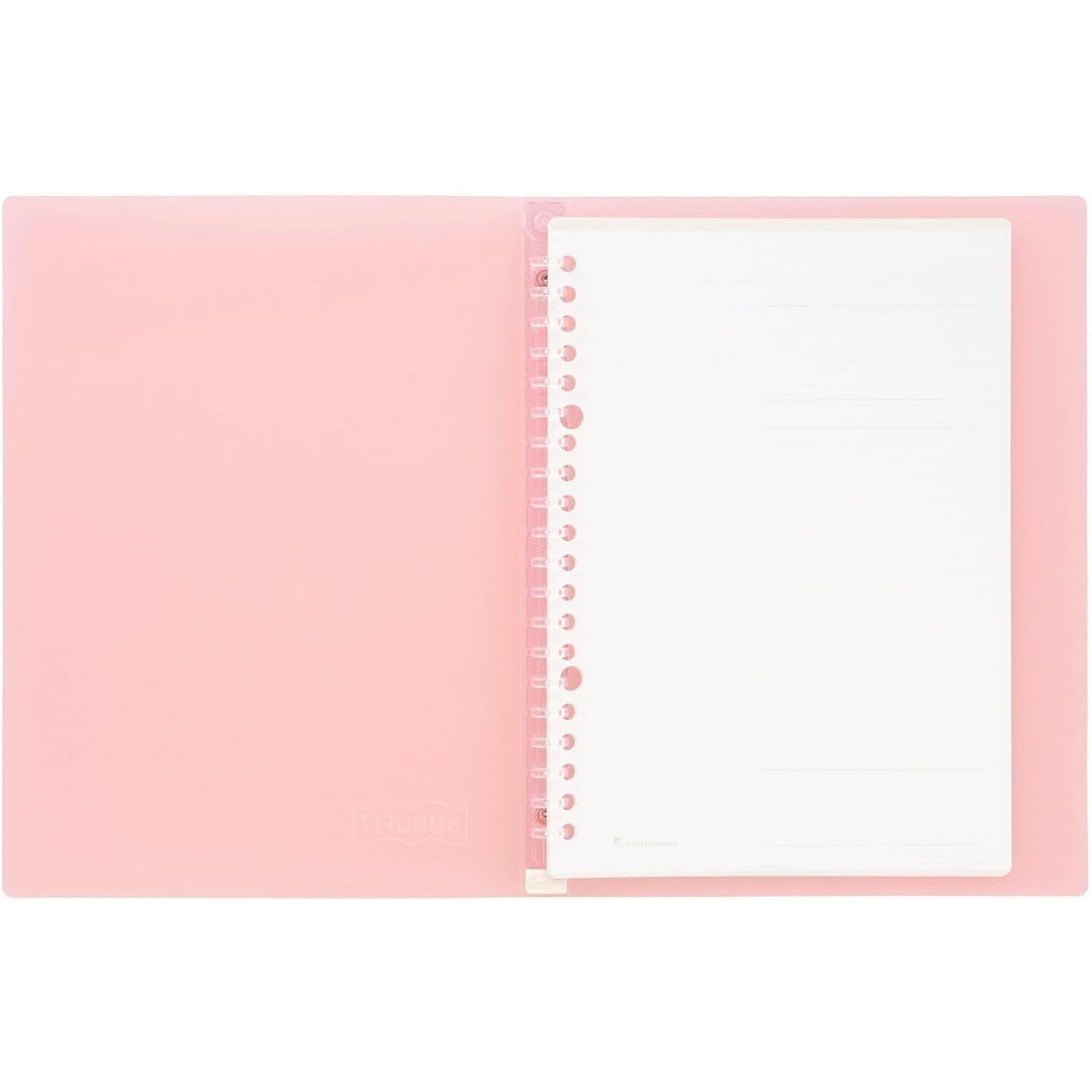 Maruman Kurufit A5 binder in light pink, shown open with loose leaf paper inside