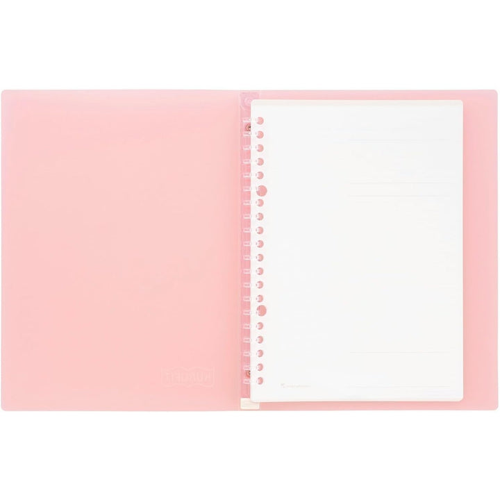 Maruman Kurufit A5 binder in light pink, shown open with loose leaf paper inside