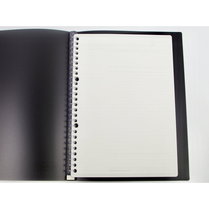 Maruman Kurufit B5 binder in black, shown open with loose leaf paper on the rings