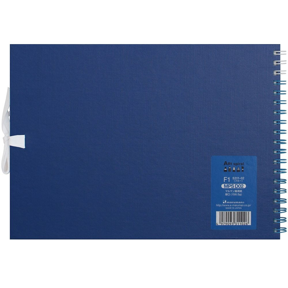 Maruman F1 Art Spiral sketchbook in blue, back cover view with product label