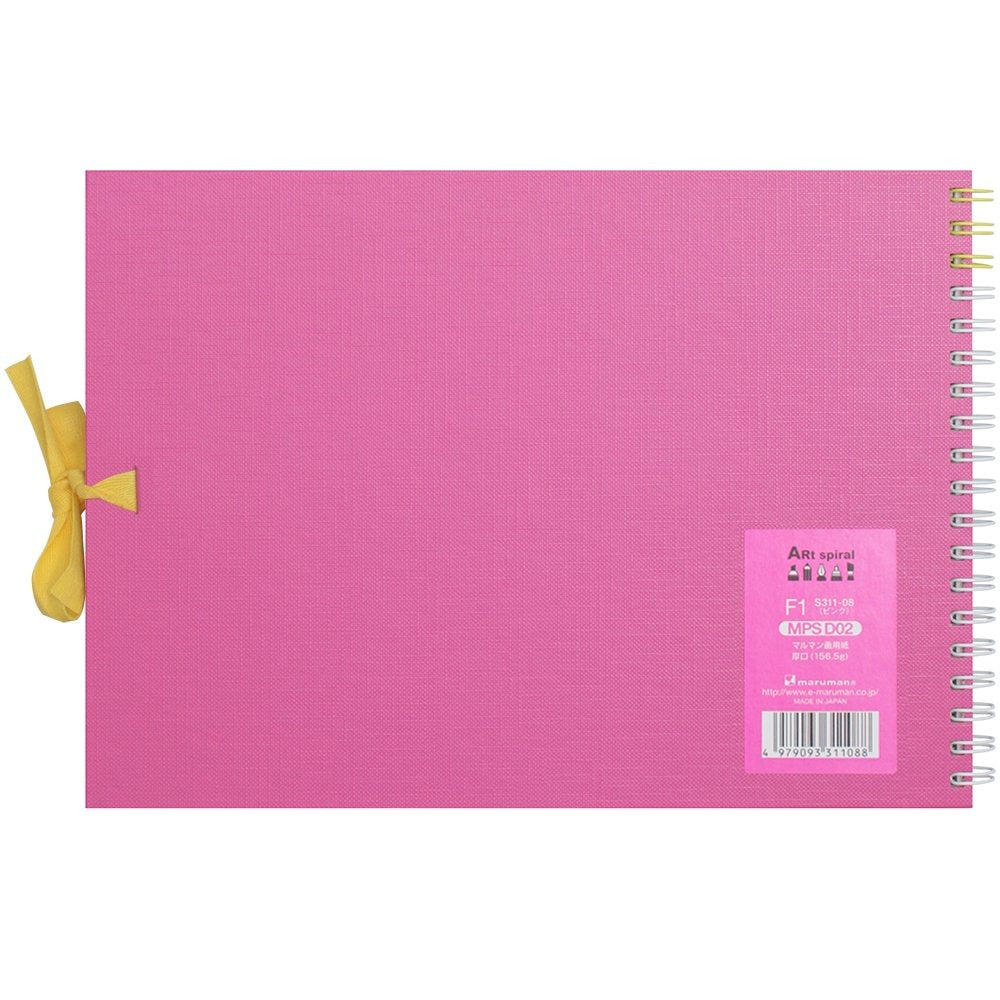 Maruman F1 Art Spiral sketchbook in pink, back cover view with product label
