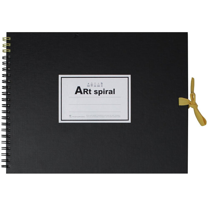 Maruman F2 Art Spiral sketchbook in black, front cover with ribbon tie