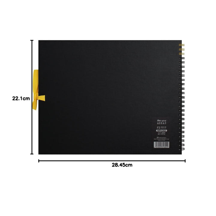 Maruman F3 Art Spiral sketchbook in black, back cover with size dimensions