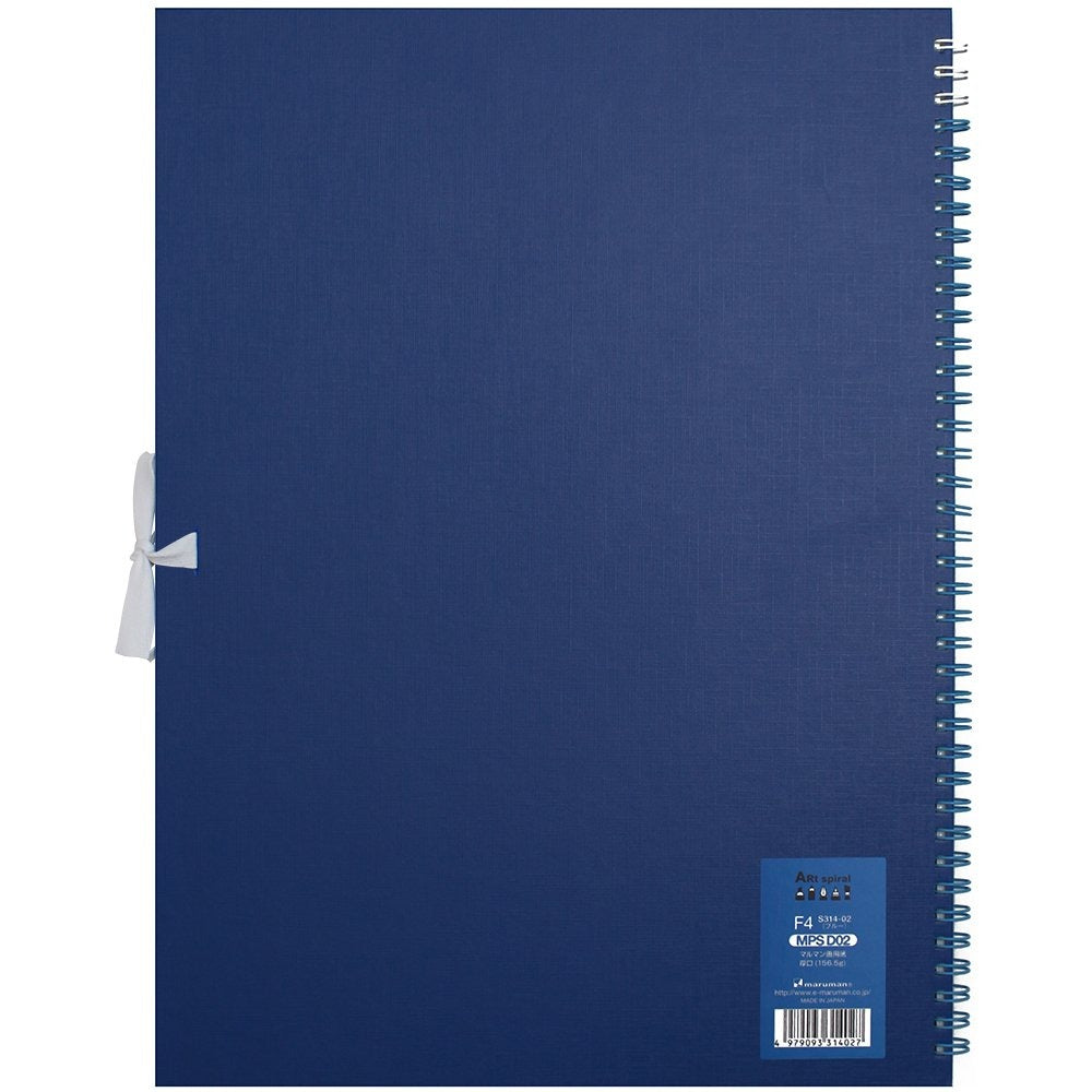 Maruman F4 Art Spiral sketchbook in blue, back cover view with product label
