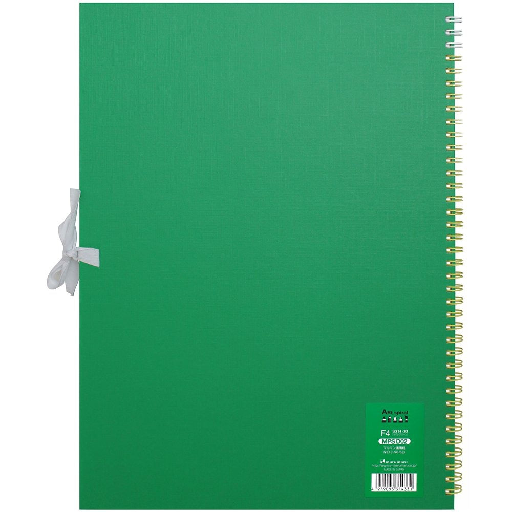 Maruman F4 Art Spiral sketchbook in light green, back cover view with product label