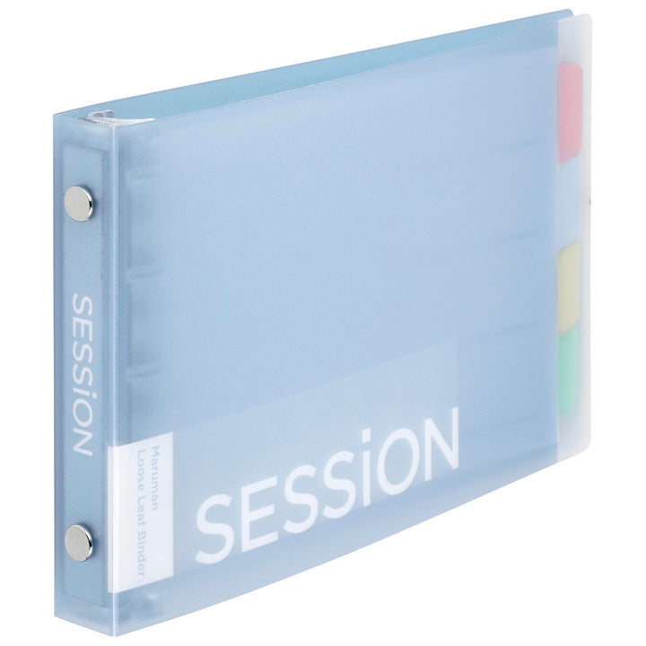 Maruman SESSiON MINI binder in Blue Sky, angled view of the translucent cover and spine