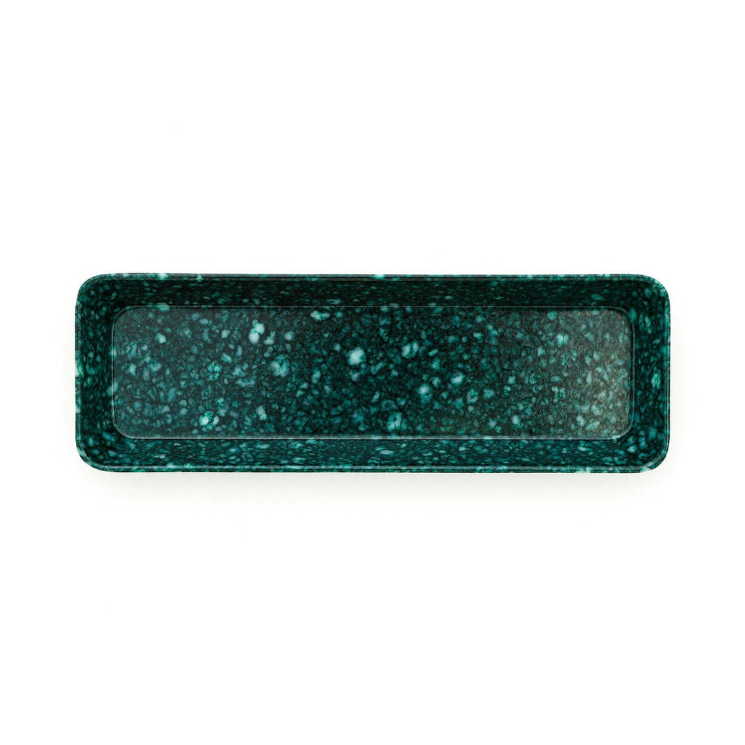Marbled Melamine Pen Tray in Dark Green – slim marble-patterned tray for pens and desk accessories.