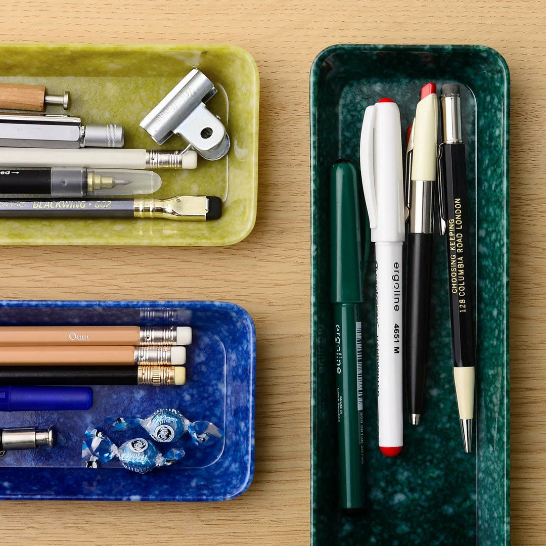 Marbled Melamine Pen Tray in Dark Green – slim marble-patterned tray for pens and desk accessories.