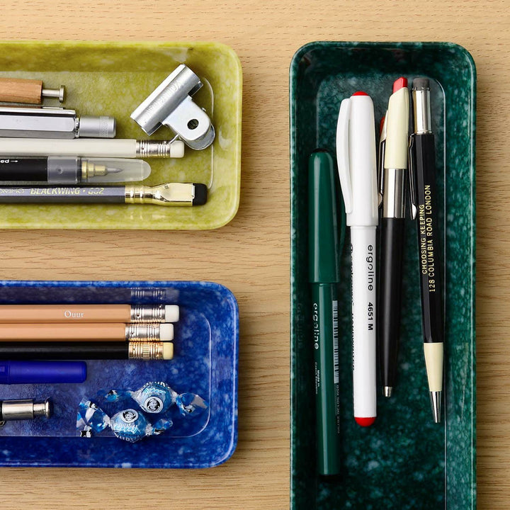 Marbled Melamine Pen Tray in Dark Green – slim marble-patterned tray for pens and desk accessories.
