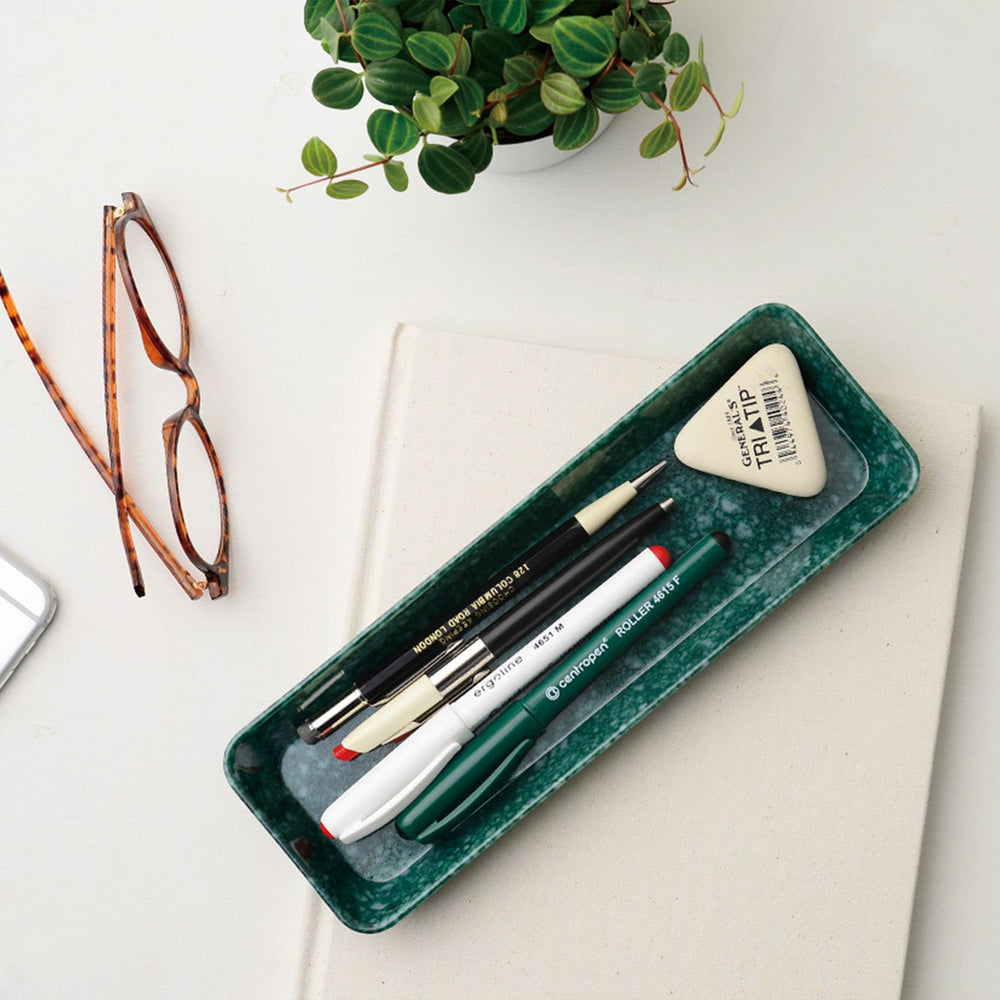 Marbled Melamine Pen Tray in Dark Green – slim marble-patterned tray for pens and desk accessories.