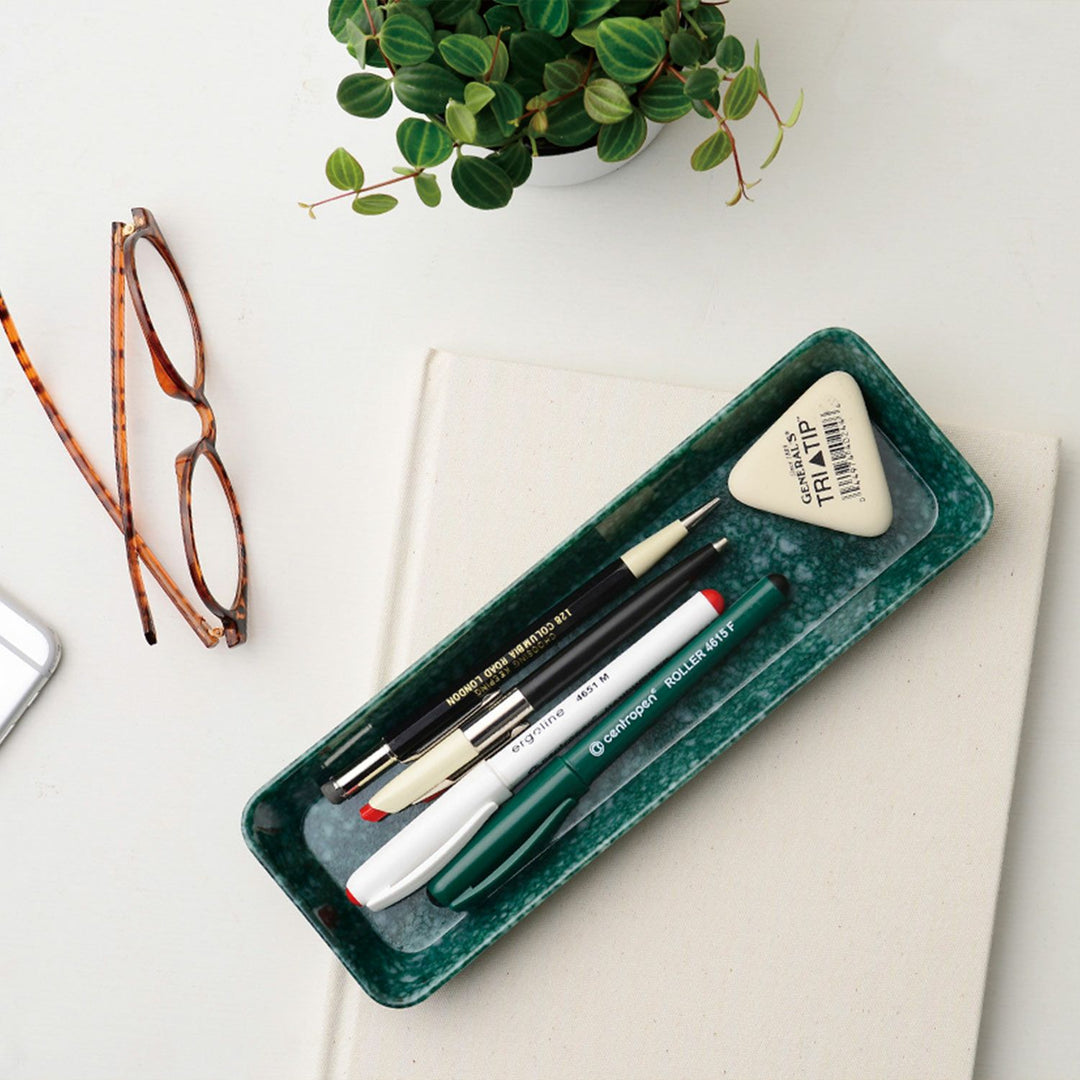 Marbled Melamine Pen Tray in Dark Green – slim marble-patterned tray for pens and desk accessories.