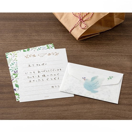 Midori Mini Letter Paper &amp; Envelopes with Stickers 944 For You Bird — in use