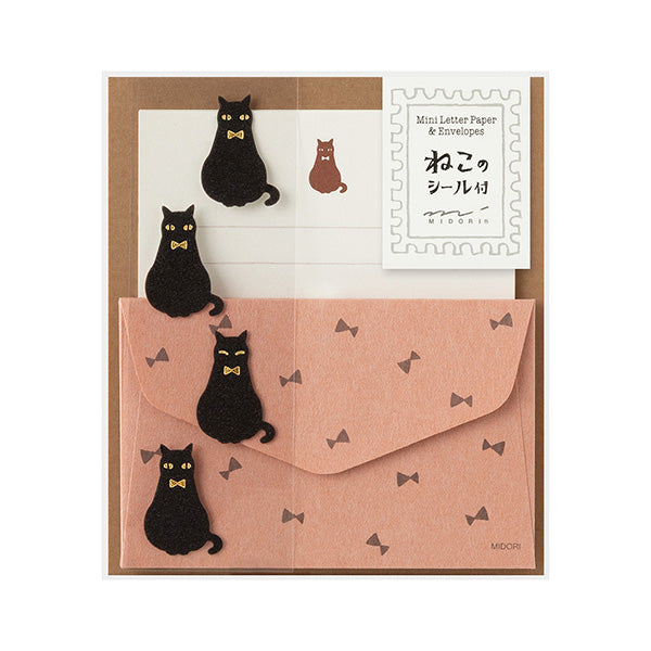 Midori Mini Letter Paper &amp; Envelopes with Stickers 951 Black Cat A — front view