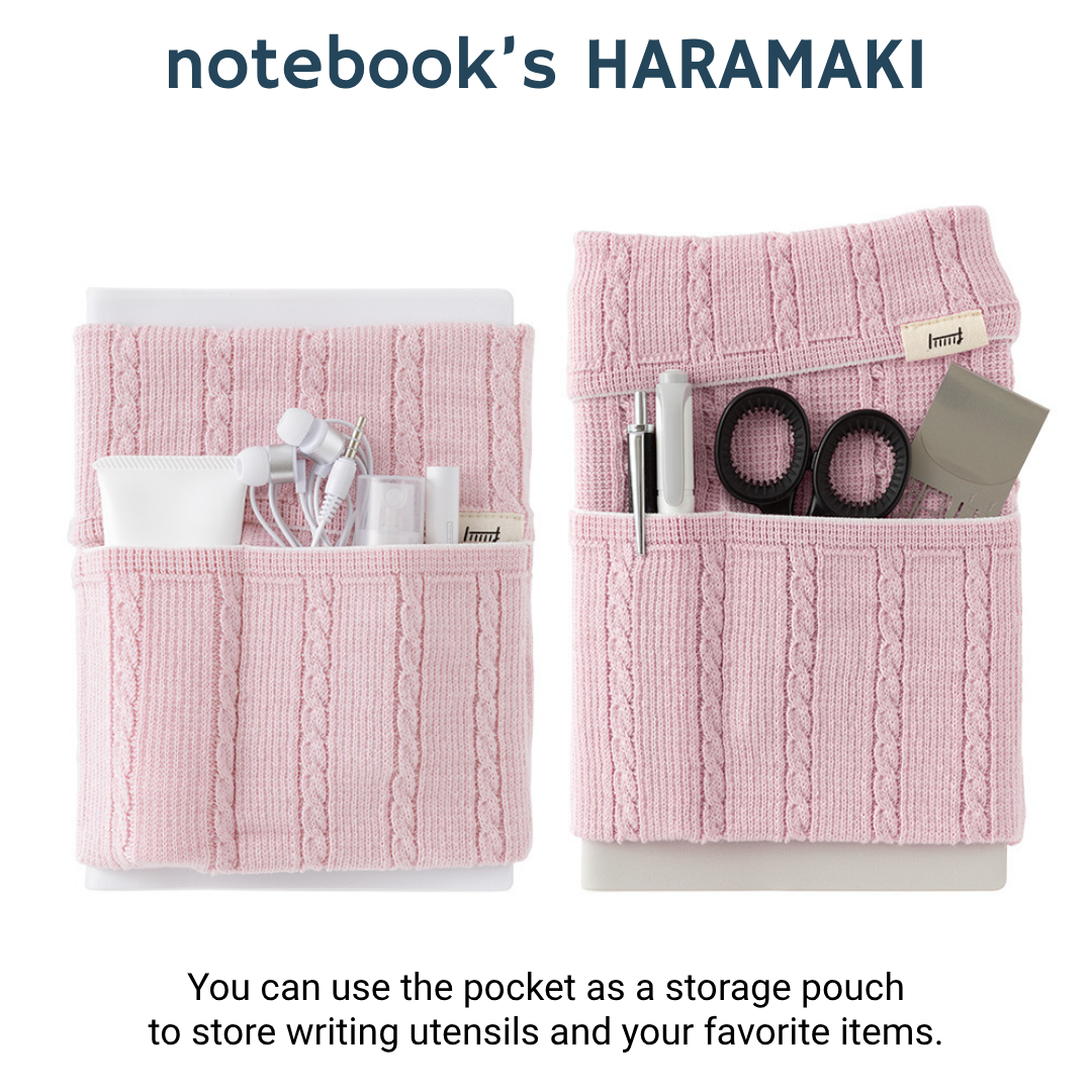 Midori Notebook’s HARAMAKI A6～B6 in Baby Pink, shown in packaging. A soft cable-knit pouch with flap cover, designed to wrap around a planner like a belly warmer, with stretchable pockets for pens and small essentials.
