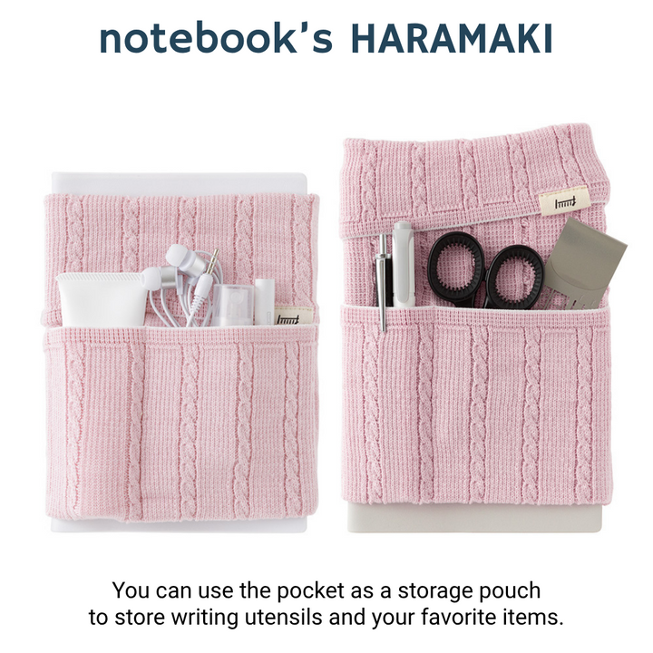 Midori Notebook’s HARAMAKI A6～B6 in Baby Pink, shown in packaging. A soft cable-knit pouch with flap cover, designed to wrap around a planner like a belly warmer, with stretchable pockets for pens and small essentials.