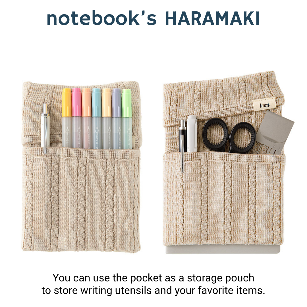 Midori Notebook’s HARAMAKI A6～B6 in Beige, shown in packaging. A soft cable-knit pouch with flap cover, designed to wrap around a planner like a belly warmer, with stretchable pockets for pens and small essentials.