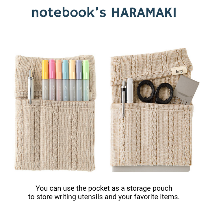 Midori Notebook’s HARAMAKI A6～B6 in Beige, shown in packaging. A soft cable-knit pouch with flap cover, designed to wrap around a planner like a belly warmer, with stretchable pockets for pens and small essentials.