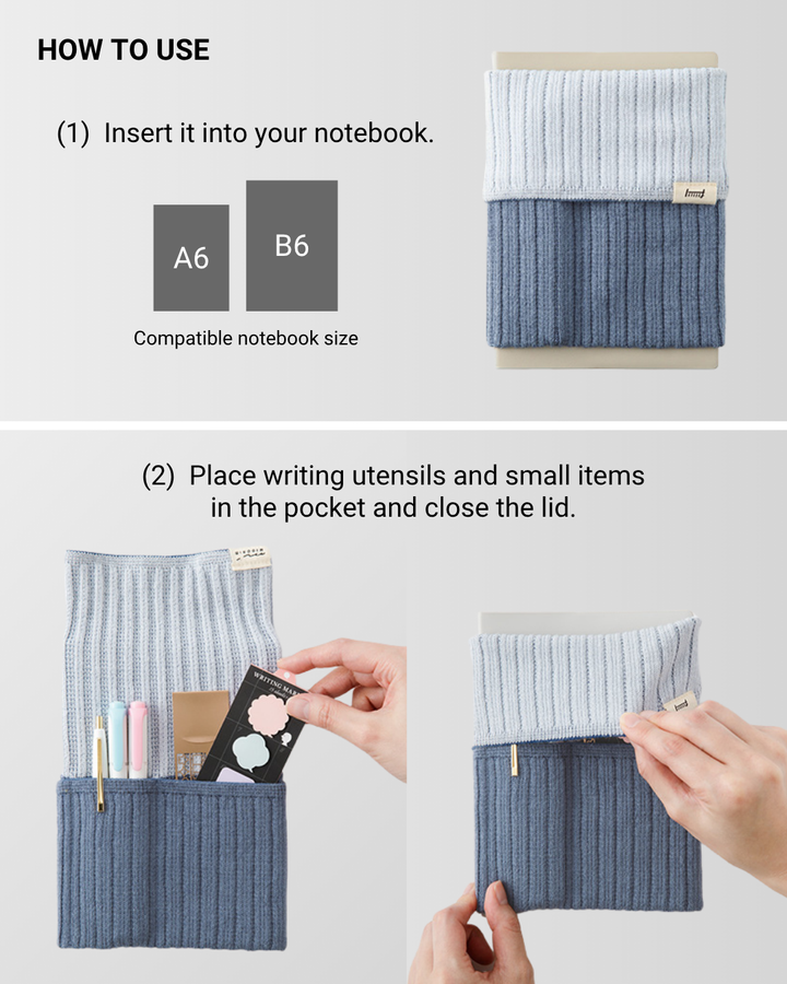 Midori Notebook’s HARAMAKI A6～B6, a soft cable-knit pouch with flap cover, designed to wrap around a planner like a belly warmer, with stretchable pockets for pens and small essentials.